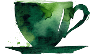 A watercolour painting of a cup of green tea